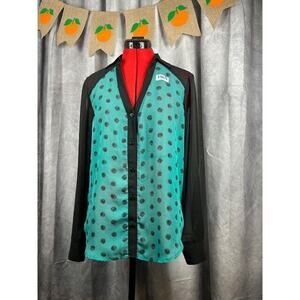 BCX Blouse Womens Green Medium Semi-Sheer Lattice Back Button Front